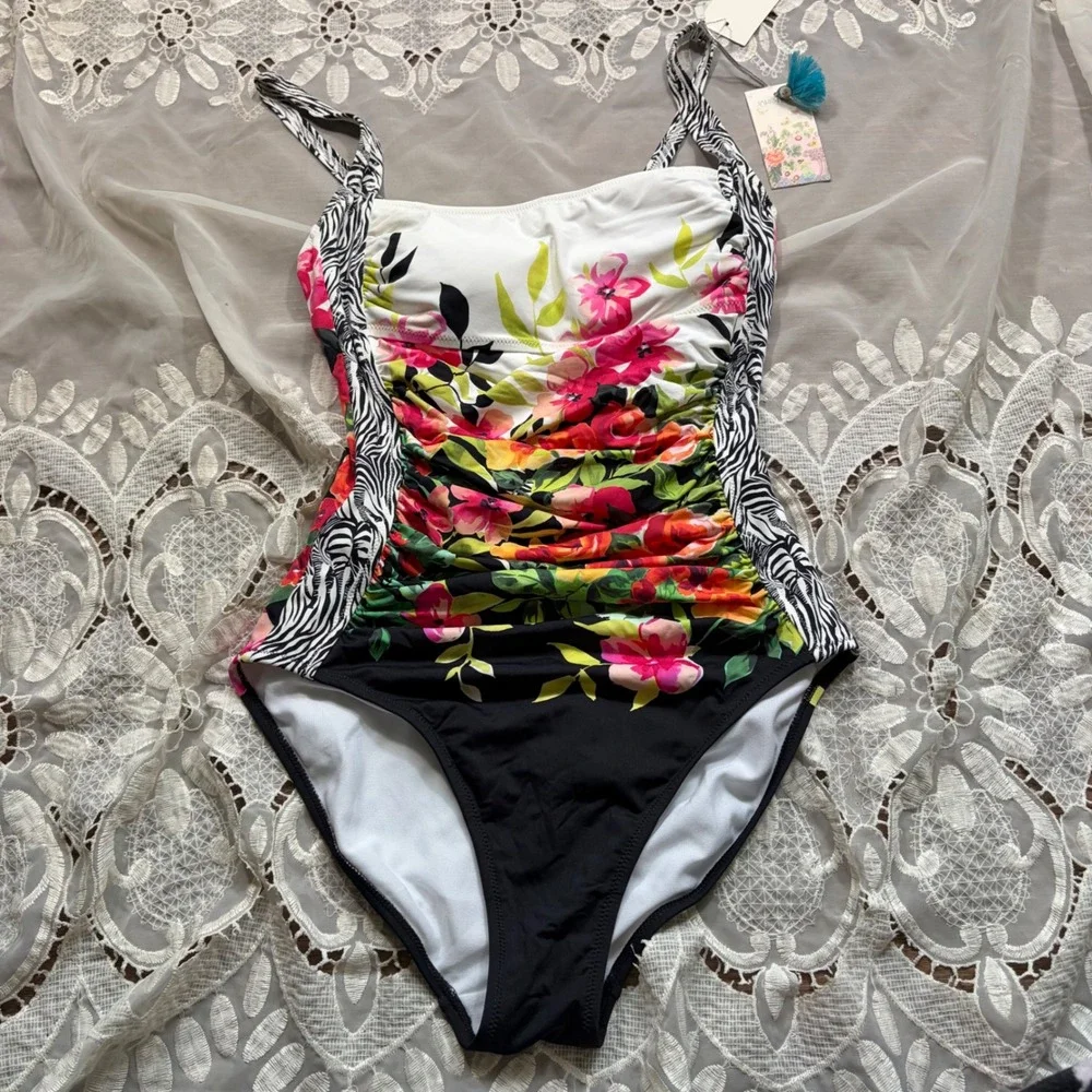 Johnny Was California Floral Zebra Ruched One Piece Swimsuit Multicolor Medium